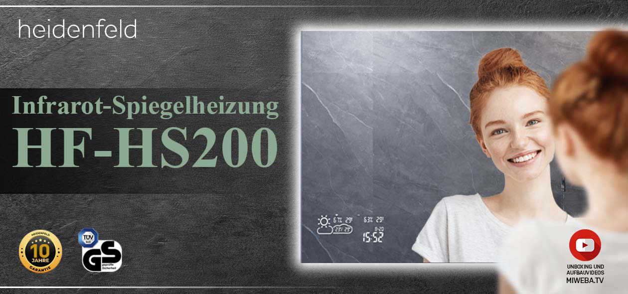 Heidenfeld Infrarot-Spiegelheizung HF-HS200 Mädchen betrachtet sich lächelnd in der Heidenfeld Infrarot-Spiegelheizung HF-HS200